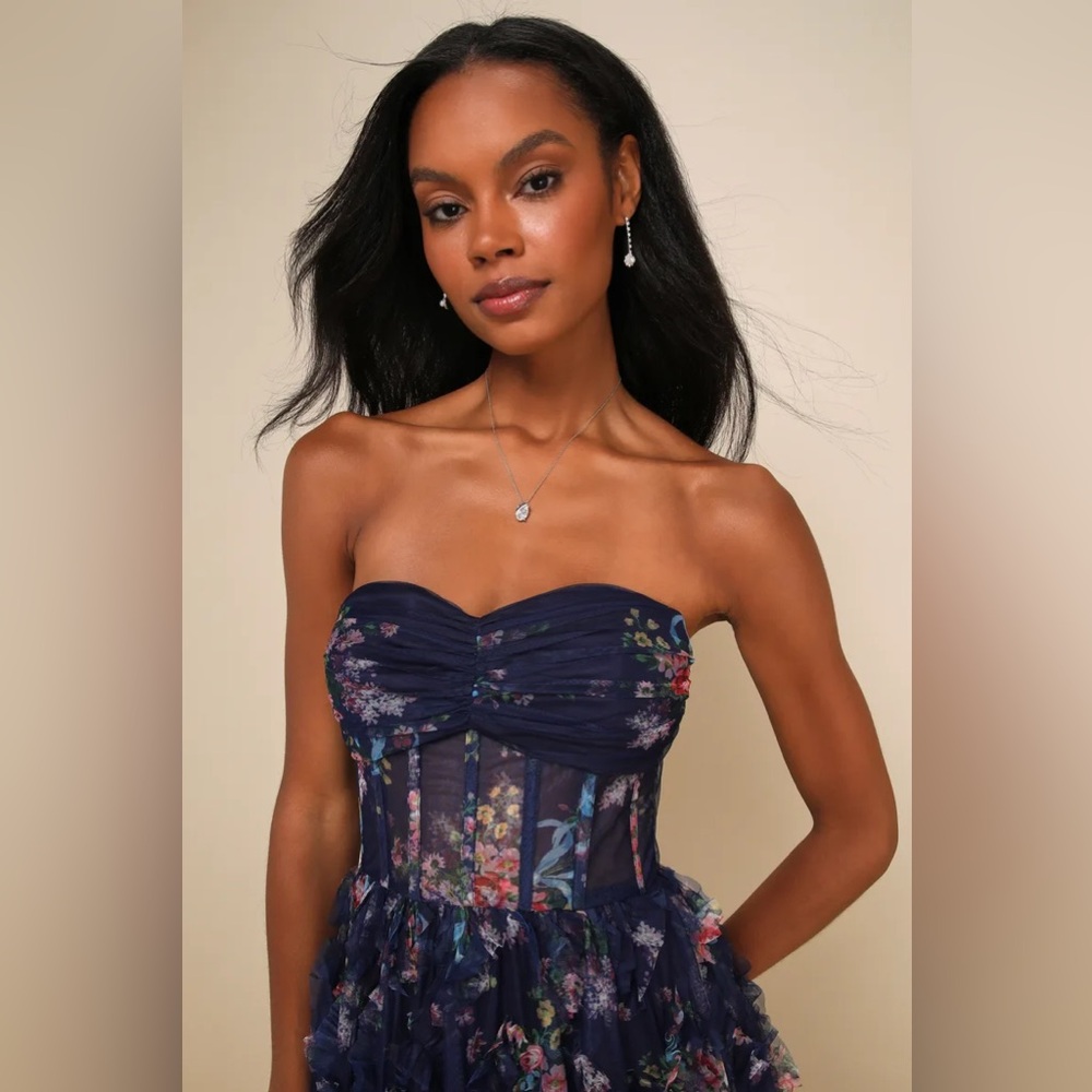 Lulus Stunning Element Navy Floral Mesh Ruffled Strapless Maxi Dress - Picture 2 of 13